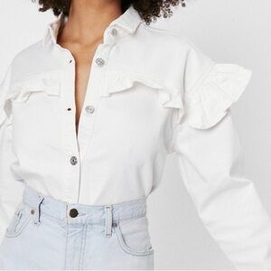 NWT Mango Off White/Cream Oversized Denim Ruffle Long Sleeve Shirt